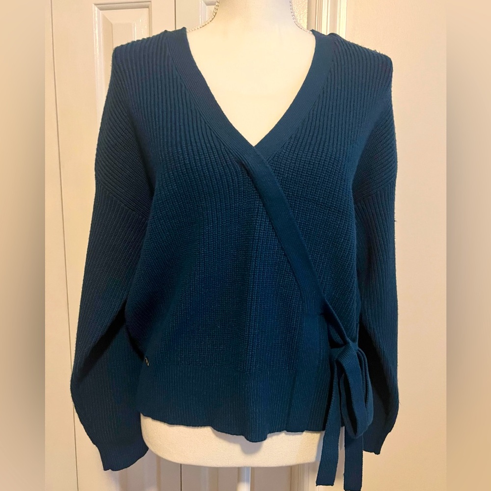 Marc New York Women’s Faux Wrap Ribbed Knit Sweater Size L in Teal Blue